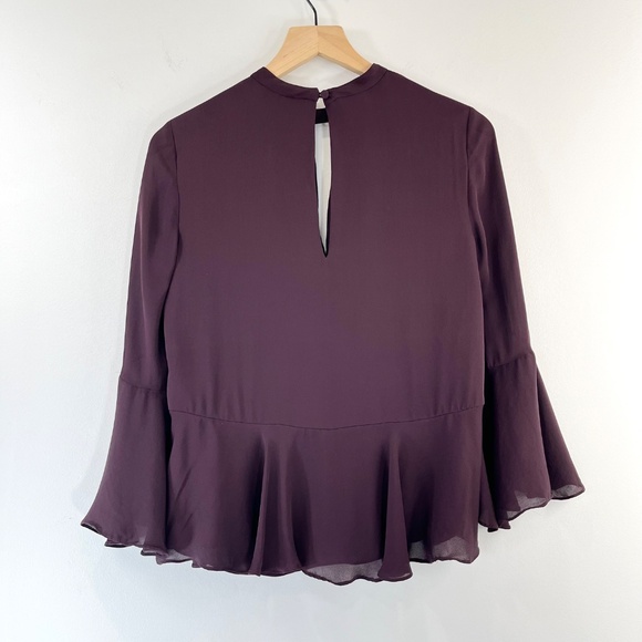 Cinq a Sept Thea Burgundy Ruffle Blouse Bell Sleeves Keyhole Cut Out - Picture 6 of 6
